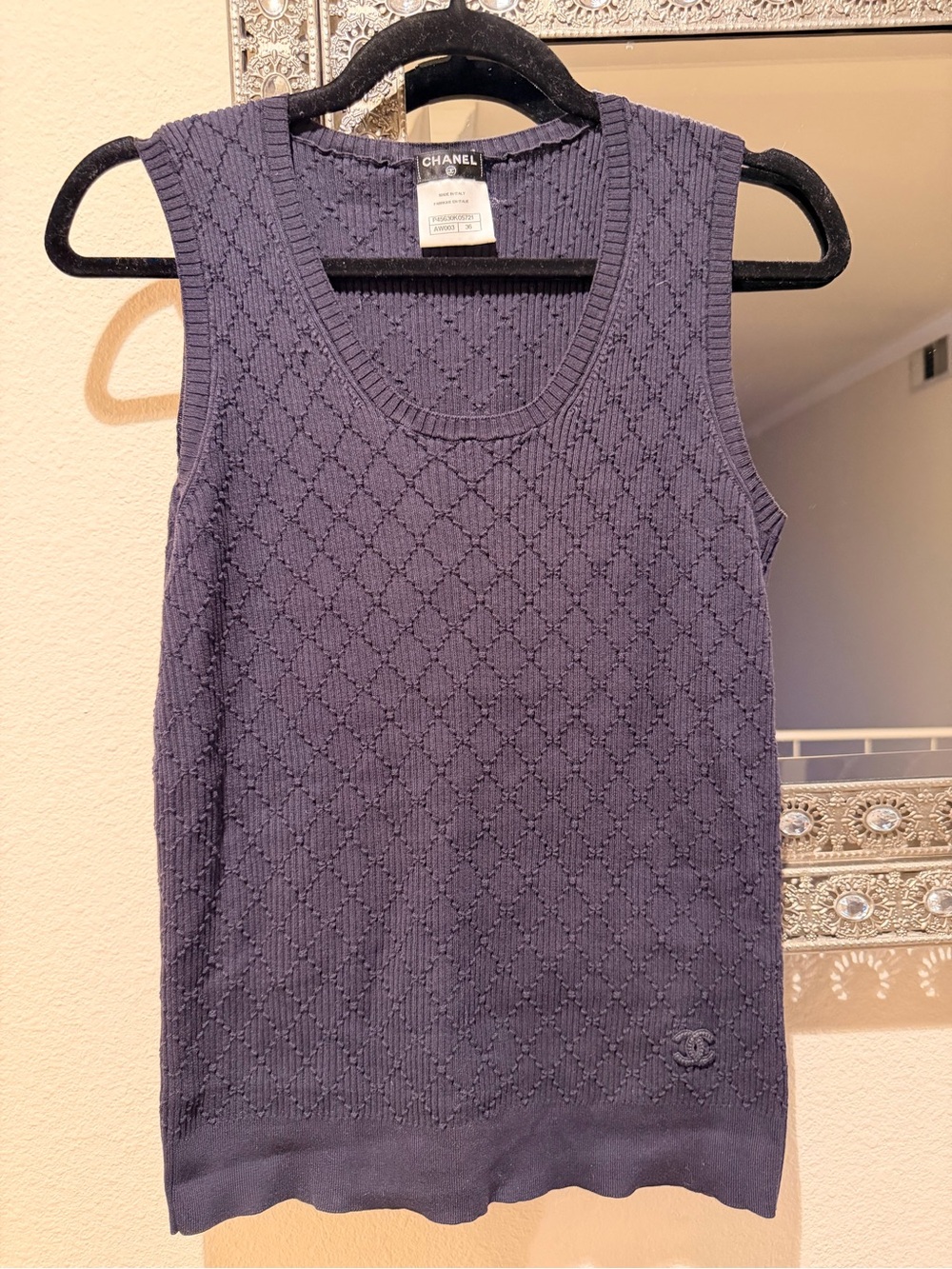 CHANEL Navy Textured Knit Sleeveless Top